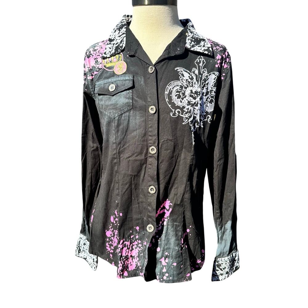Black Y2K Grunge Emo Goth Button Front Shirt Women’s Size Medium Pink Gold